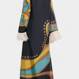 Kiara Vestido Maxi Retro con Flecos de Plumas Exclusivo