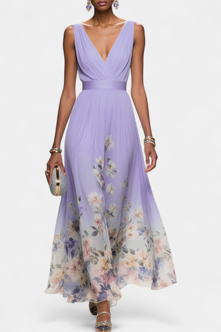 Sauline Vestido Maxi Floral Sin Mangas En V Gasa Exclusiva