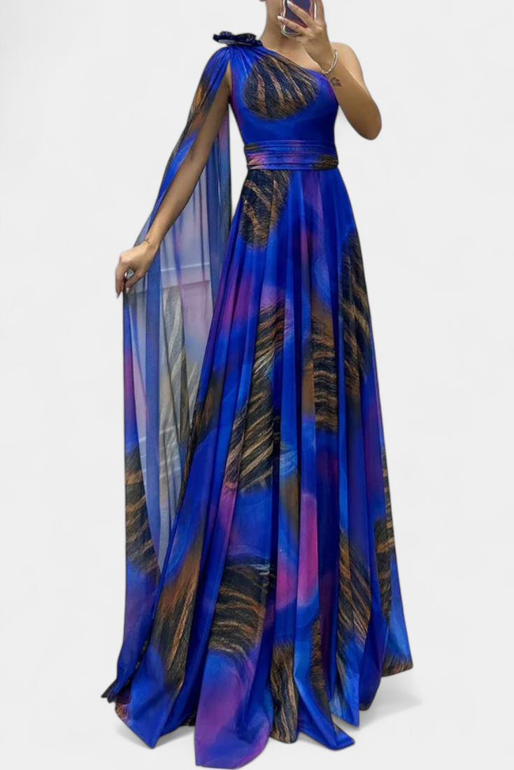 Cedara Vestido Largo Un Hombro Detalle Floral Seda Privada