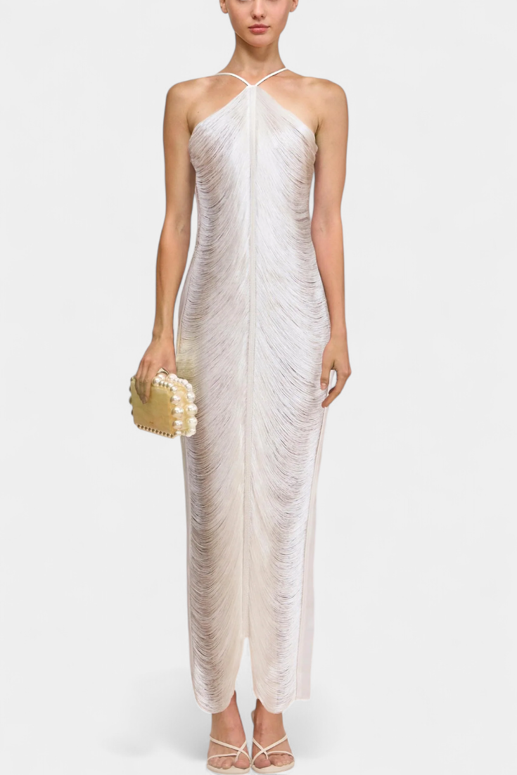 Jianna Vestido Halter con Flecos Metálicos Dorados Exclusivo