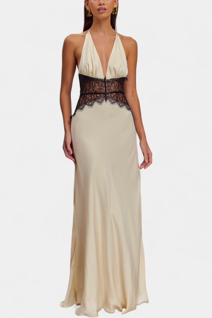 Ashanty Vestido Largo Halter Con Encaje Transparente Elite