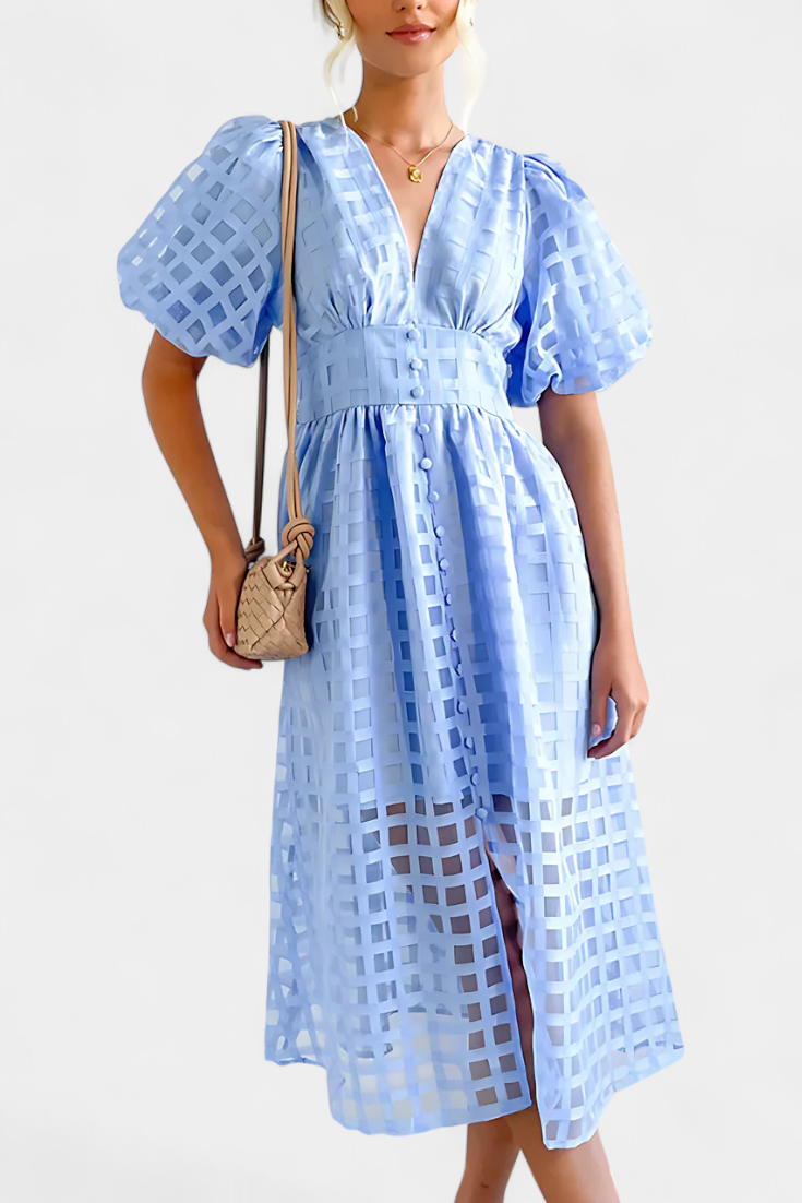 Marigold Vestido Midi Vintage Manga Abullonada Cuadrados