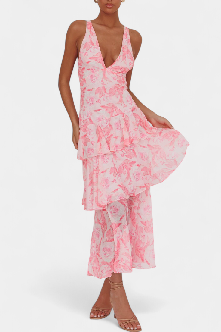 Domenica Vestido de Gasa con Escote en V y Capas Exclusivas