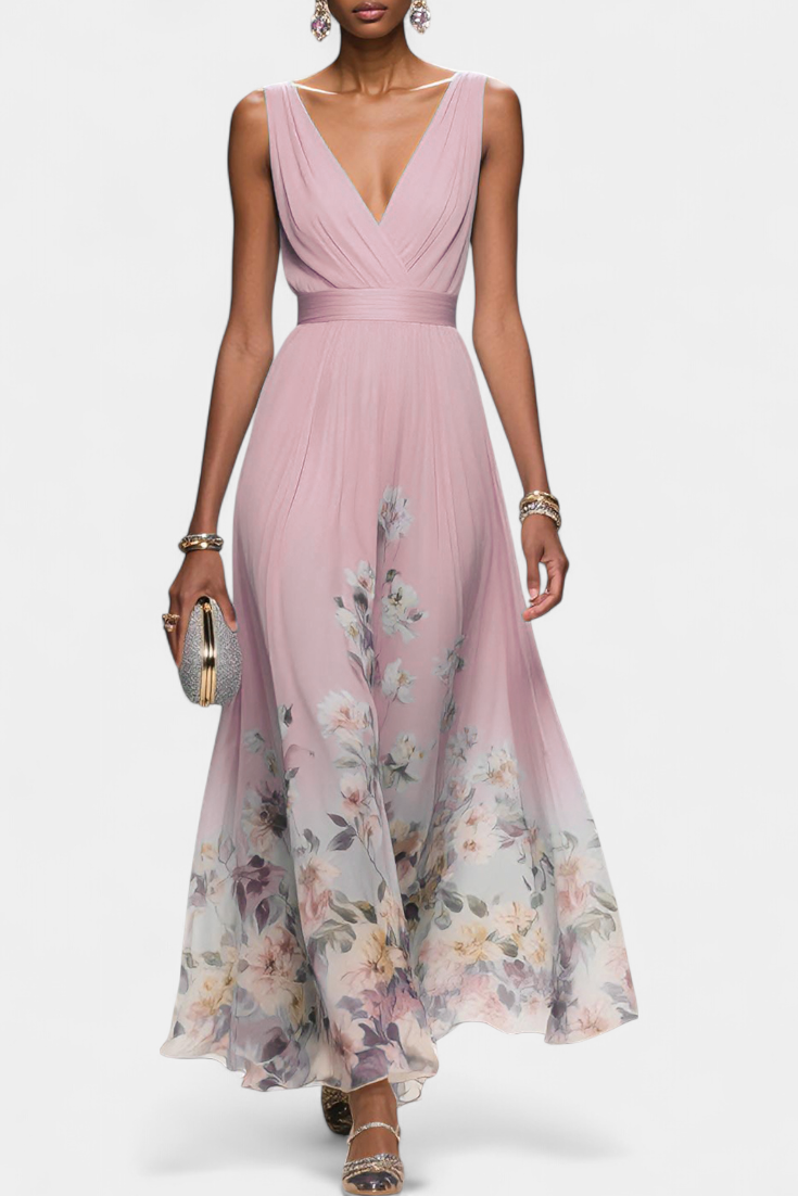 Sauline Vestido Maxi Floral Sin Mangas En V Gasa Exclusiva