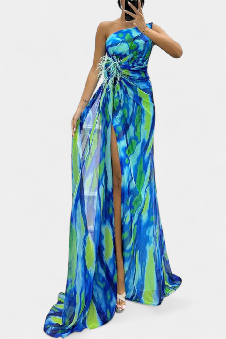 Aylin Vestido Maxi Asimétrico Estampado Colección Exclusiva