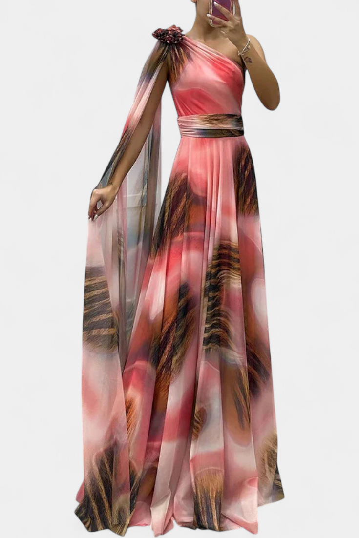 Cedara Vestido Largo Un Hombro Detalle Floral Seda Privada