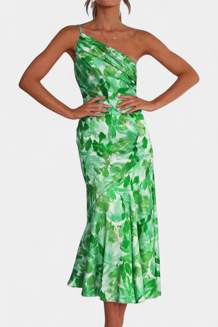 Reya Vestido Asimétrico Un Hombro Estampado Floral Premium