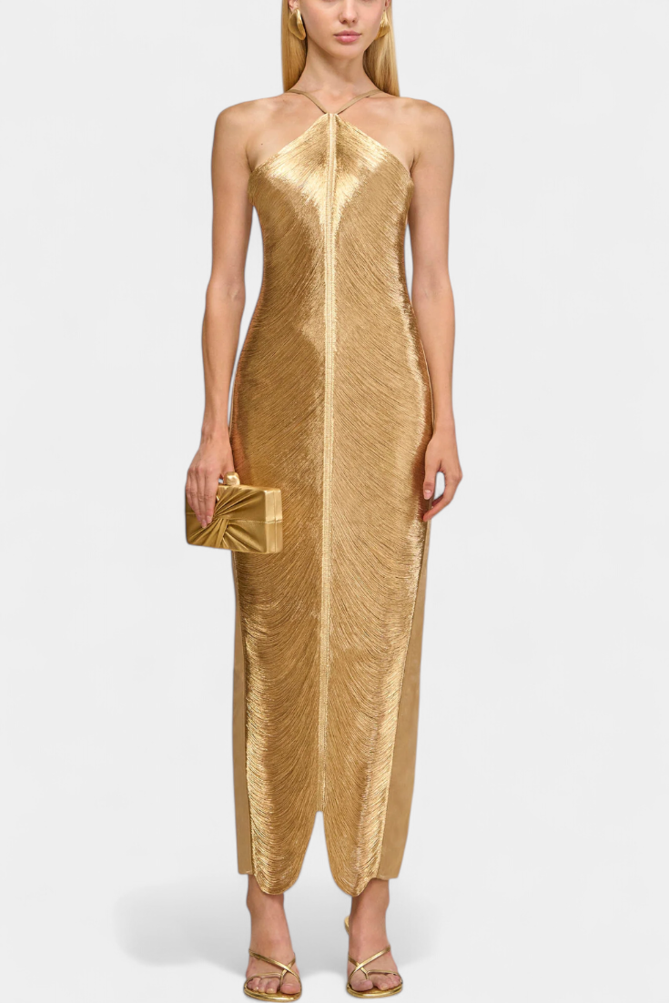 Jianna Vestido Halter con Flecos Metálicos Dorados Exclusivo