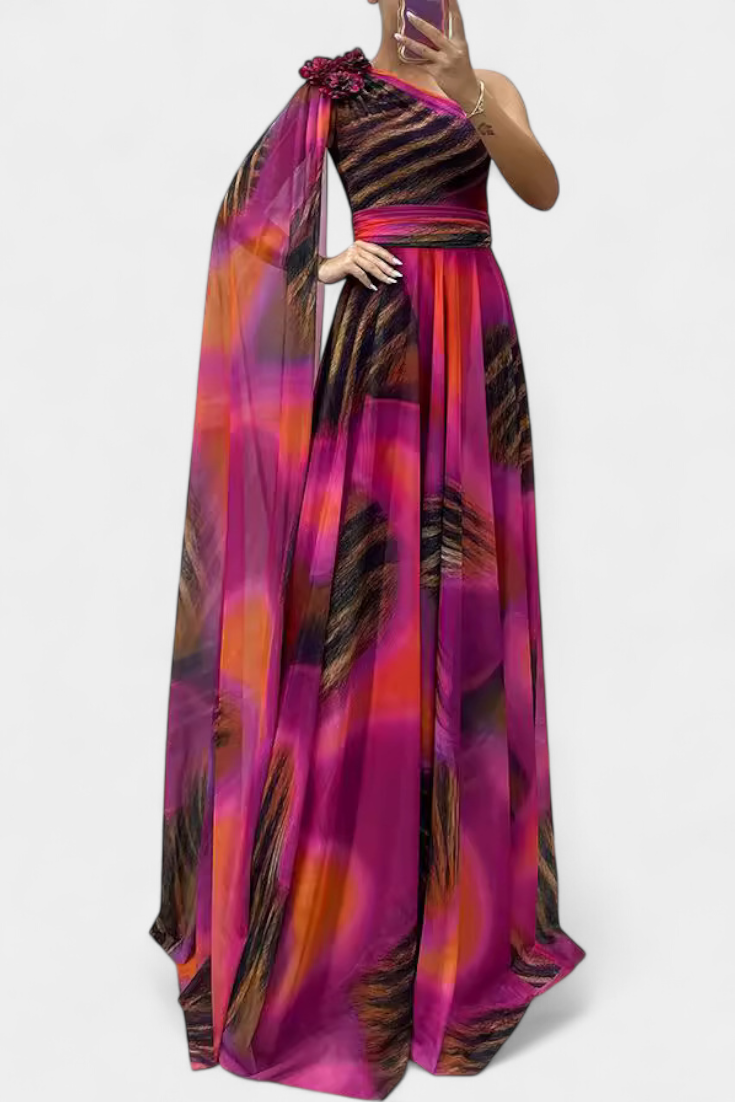 Cedara Vestido Largo Un Hombro Detalle Floral Seda Privada