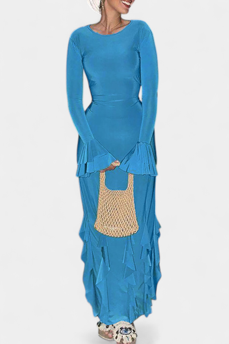 Calissa Vestido Seda Exclusivo Volantes Mangas Acampanadas
