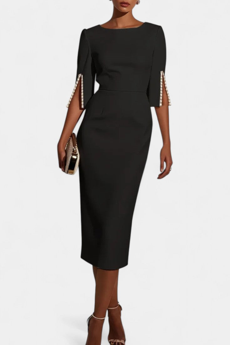 Reece Vestido Midi Con Perlas Cuello Redondo Exclusivo