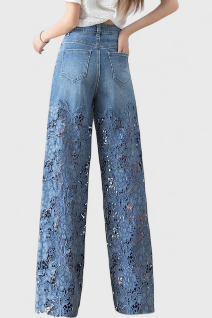 Janet Pantalón Palazzo Denim Encaje Floral Exclusivo