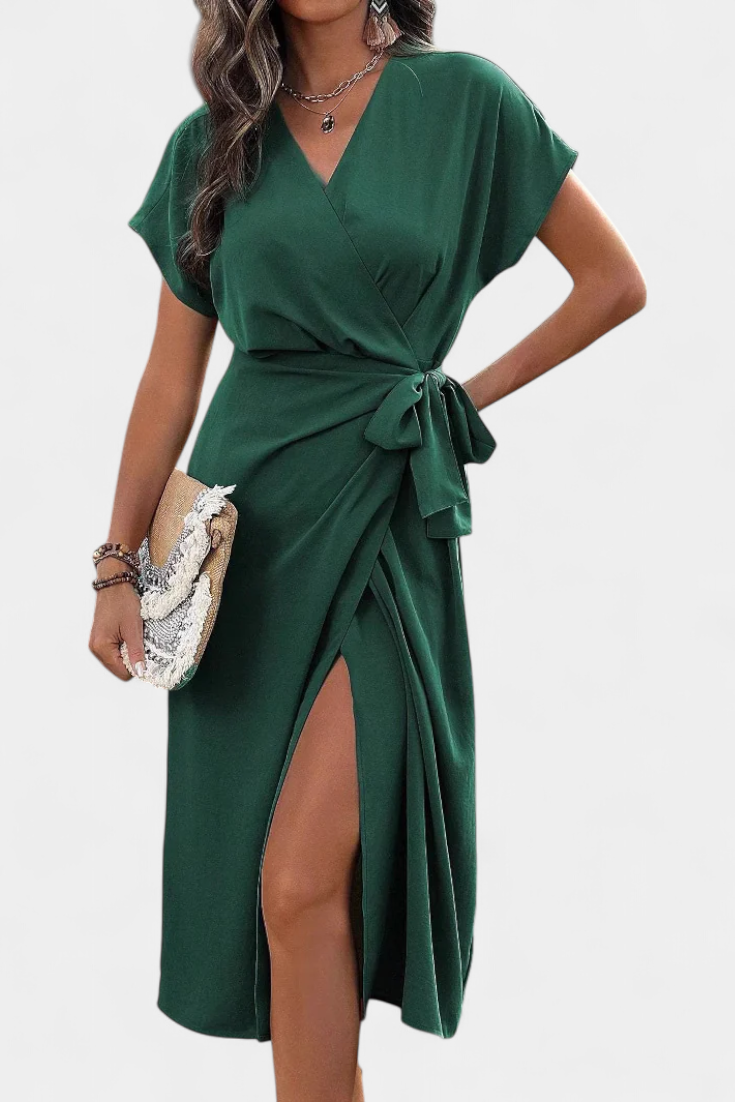 Begoña Vestido Cruzado Exclusivo Con Cinturón Abertura Sutil