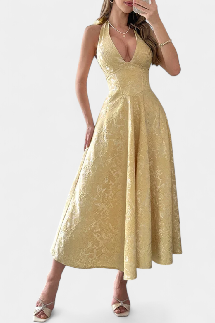 Gilda Vestido Midi Jacquard Exclusiva Cintura Alta