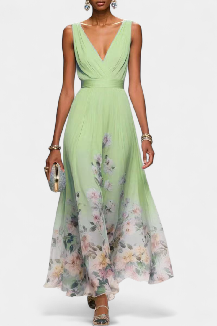 Sauline Vestido Maxi Floral Sin Mangas En V Gasa Exclusiva