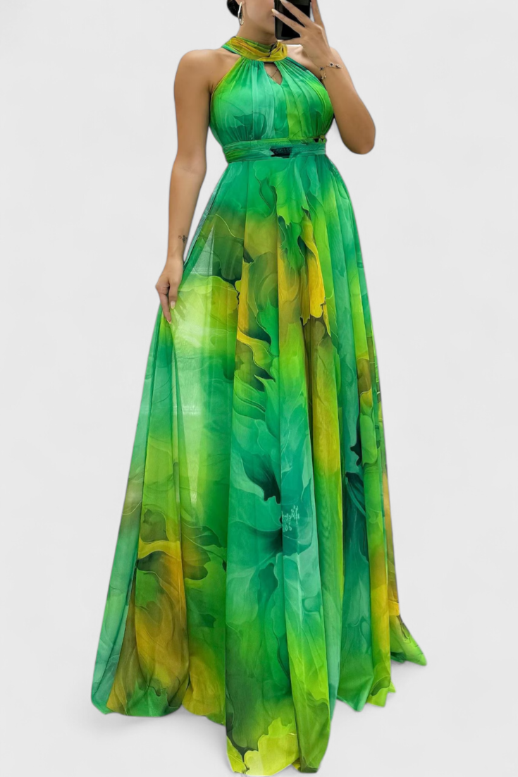 Caprice Vestido Maxi Gasa Floral Cuello Halter Edicion