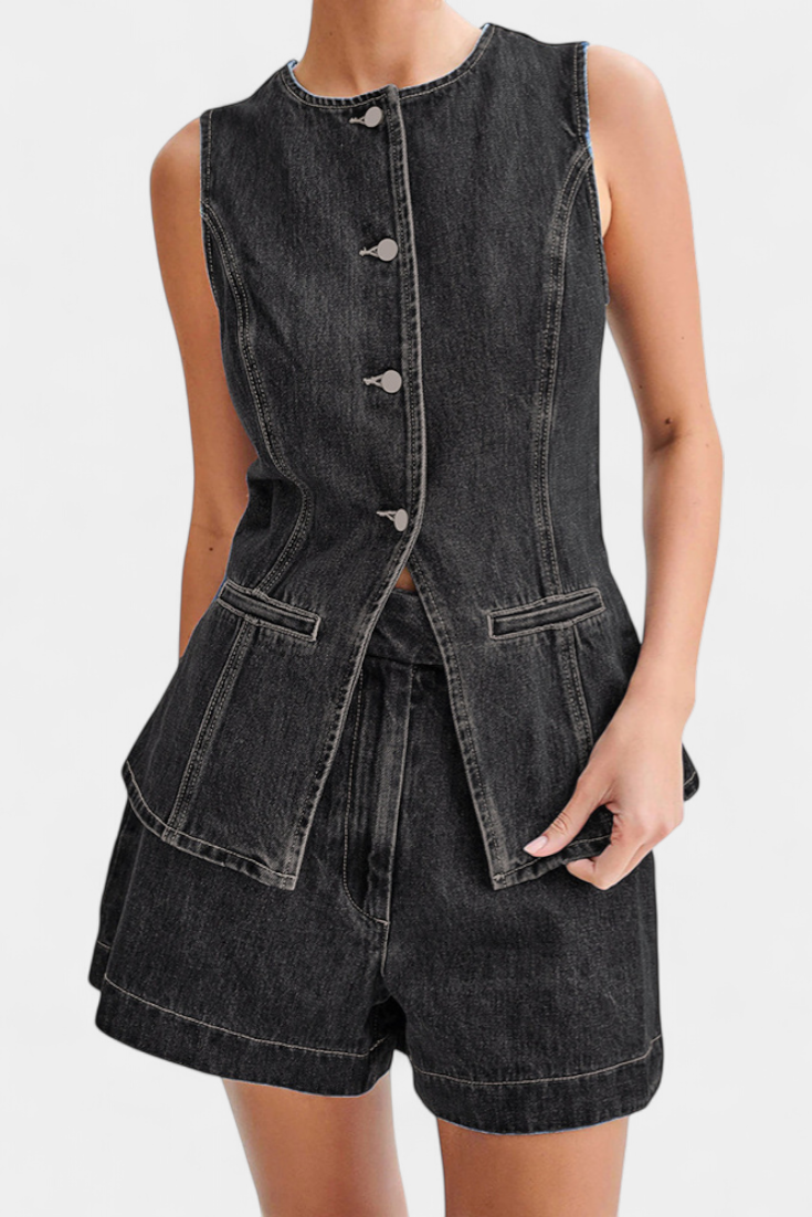 Raya Denim Chaleco Sin Mangas Y Shorts De Talle Alto Élite