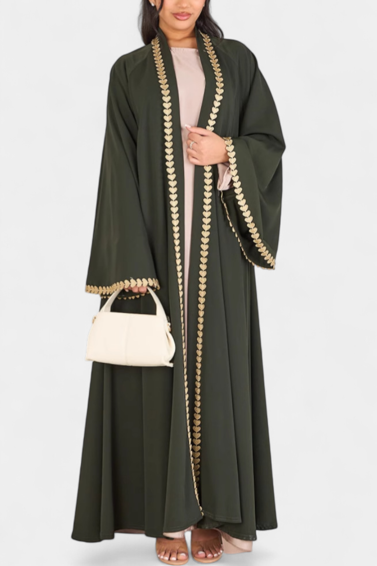 Ginebra Abaya Fluida Bordado Dorado Hojas Exclusivas
