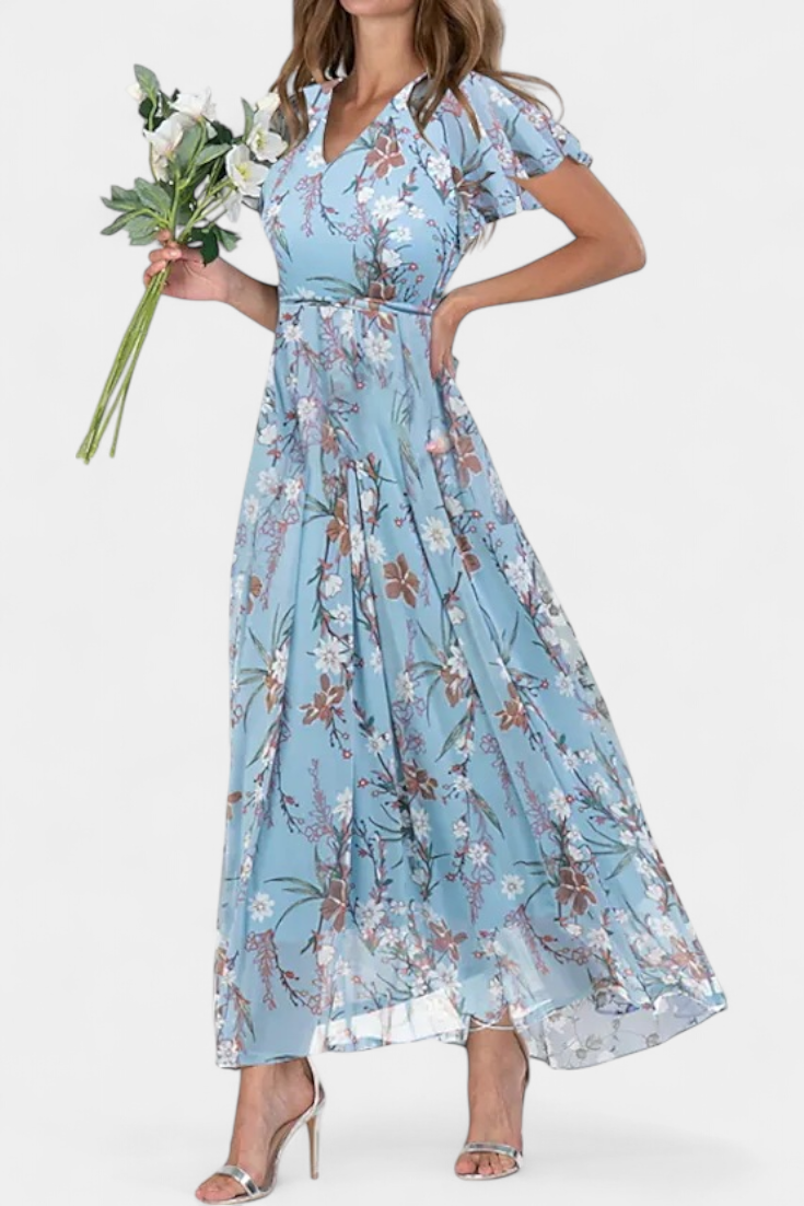 Amara Vestido Maxi Floral Exclusivo Escote En V Mangas
