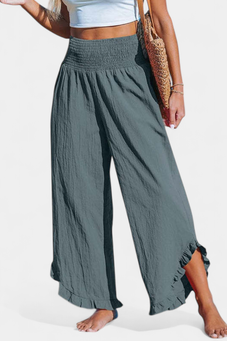 Martina Pantalón Palazzo Talle Alto Lino Exclusivo Volantes