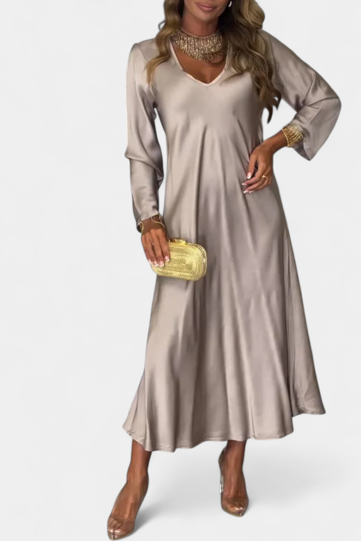 Riva Vestido Fluido Seda Escote V Mangas Largas Exclusivo