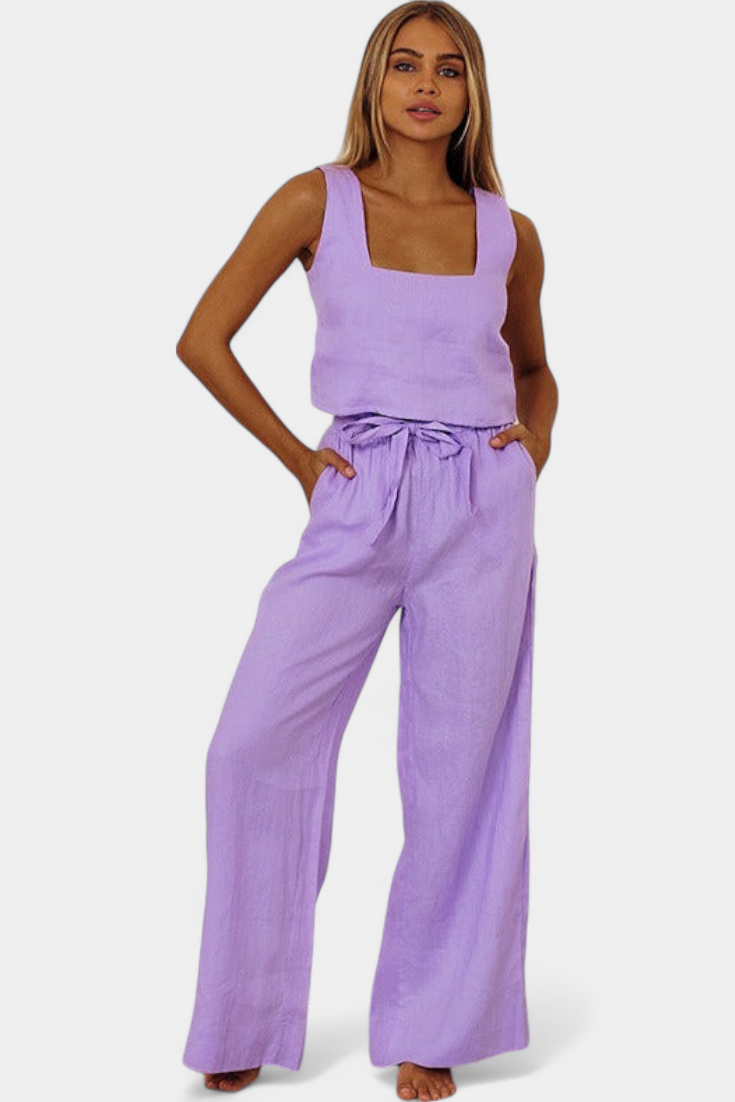 Pascuala Conjunto Lino Blusa Sin Mangas Pantalón Exclusivo