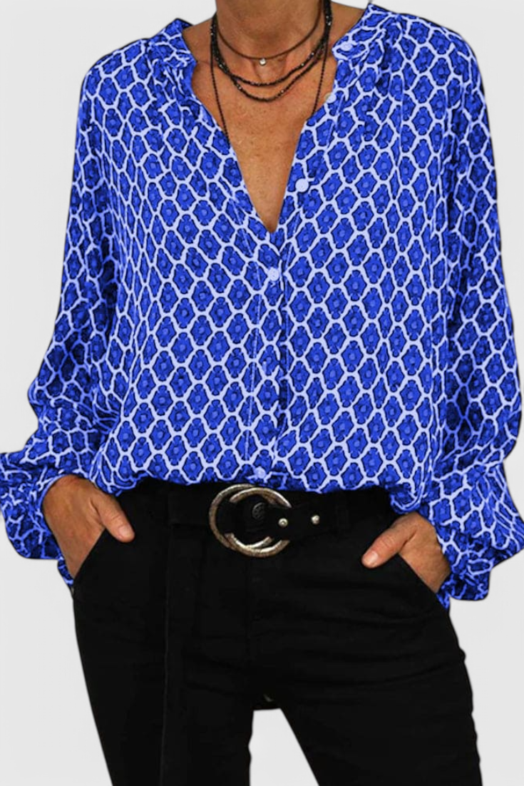 Jemima Blusa Botones Estampado Geométrico Algodón Premium