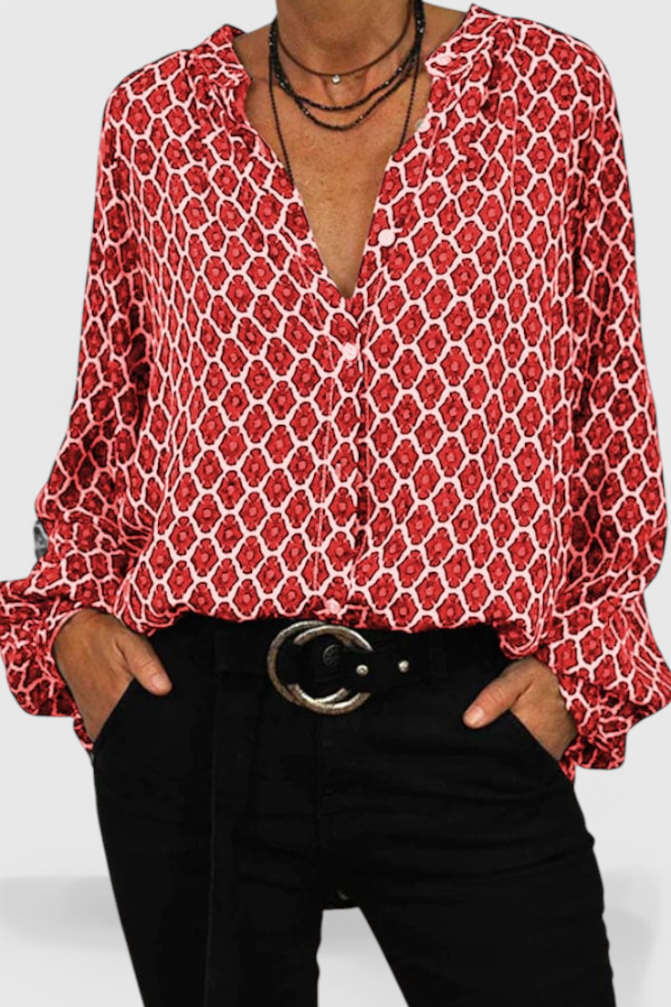 Jemima Blusa Botones Estampado Geométrico Algodón Premium