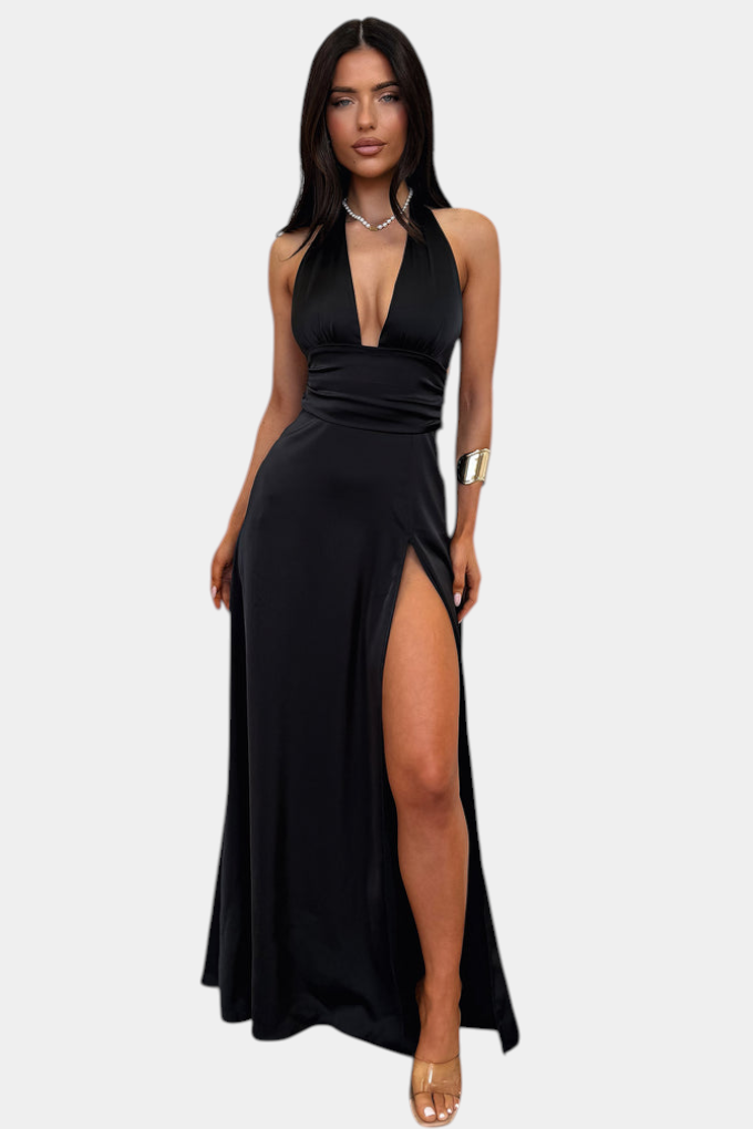 Latisha Vestido Halter Con Gran Abertura Colección Lujo