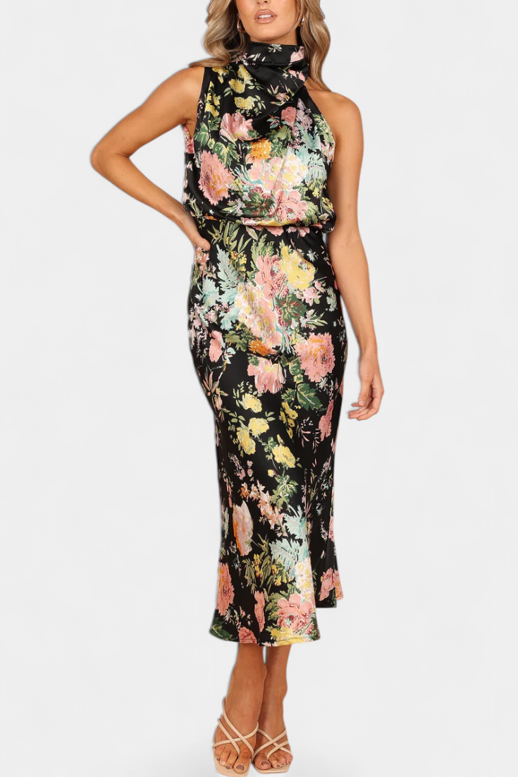 Lisa Vestido Maxi Floral Halter Cintura Elástica Exclusiva