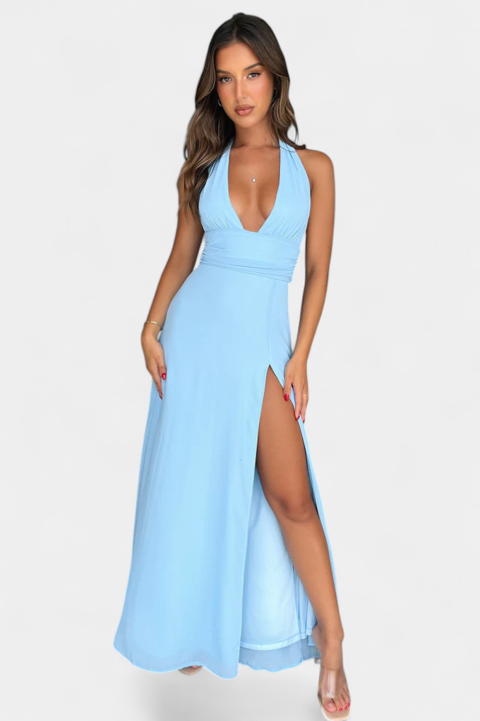 Latisha Vestido Halter Con Gran Abertura Colección Lujo